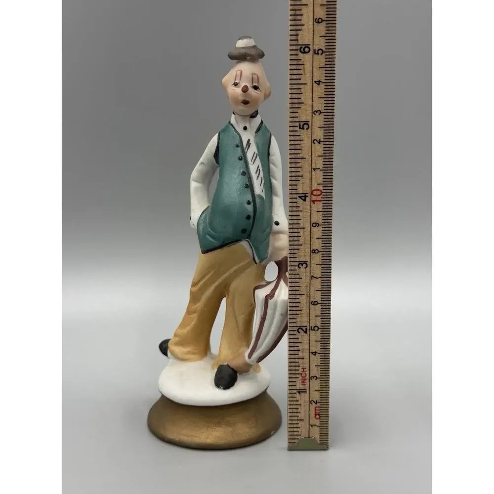 Vintage Frankel Hobo Clown with Teal Vest and Umbrella Figurine 6” Tall